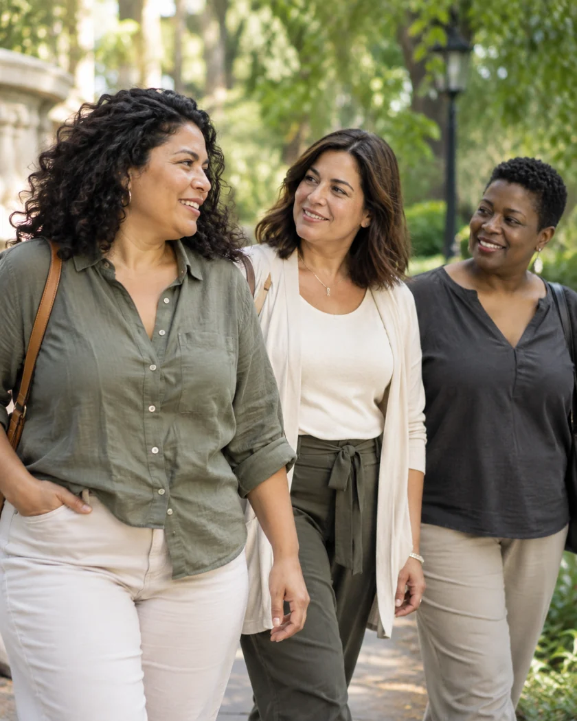 Tres mujeres adultas caminando juntas y conversando en un parque